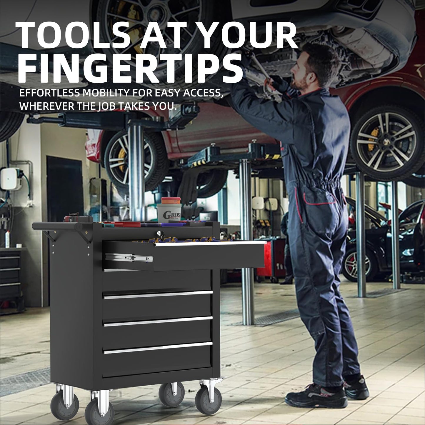 CMFYDAILY 5-Drawers Garage Tool Chest, Large Capacity Tool Cabinet Heavy Duty Mechanic Rolling Tool Box Metal Locking Tool Cart with Drawers and Wheels for Storage