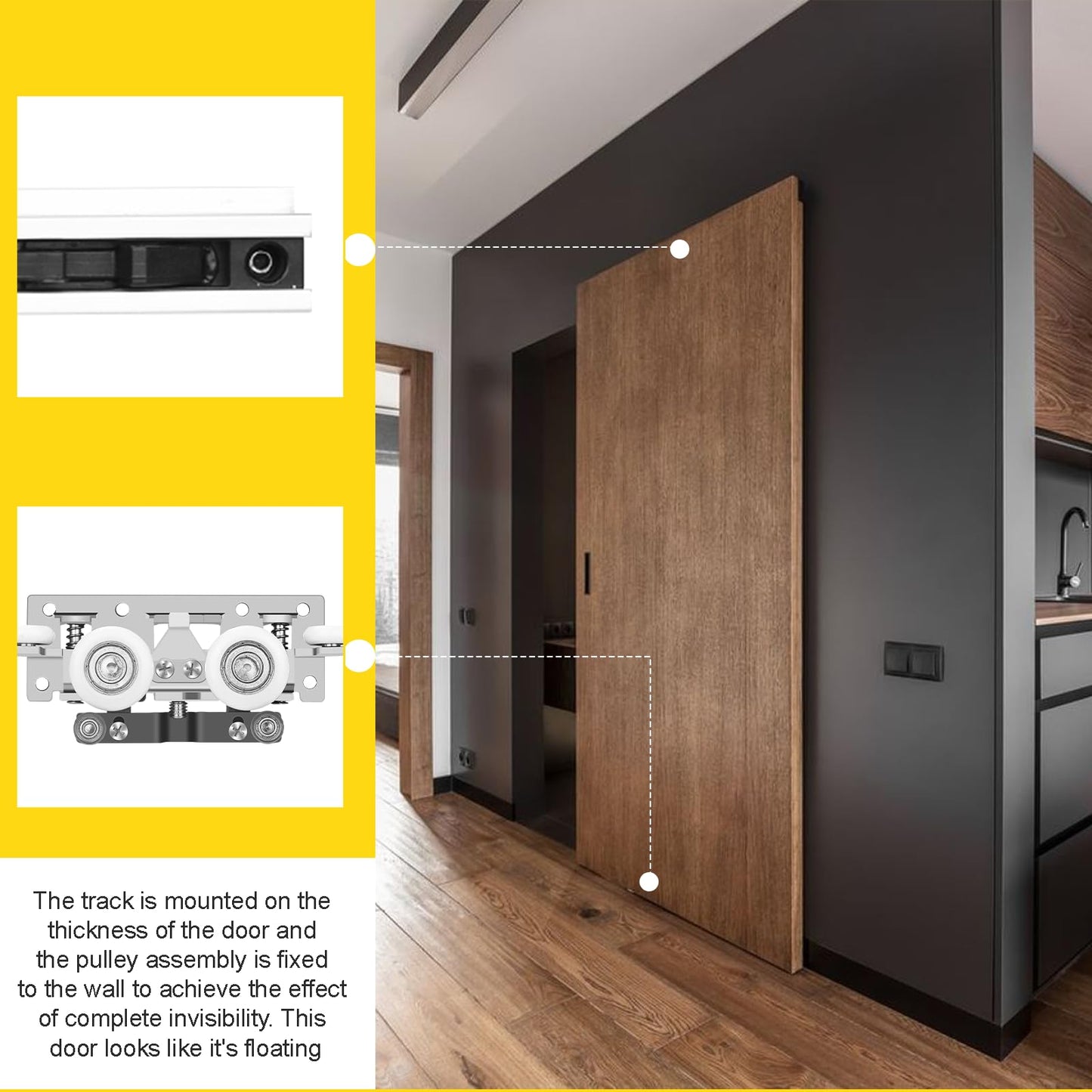 36-48" Heavy Duty Hidden Sliding Barn Door Hardware and Track, Floating Door System, Floating Wall Mount, Soft Close, Quiet and Smooth, Easy to Install (Can be Installed on Doors up to 48")