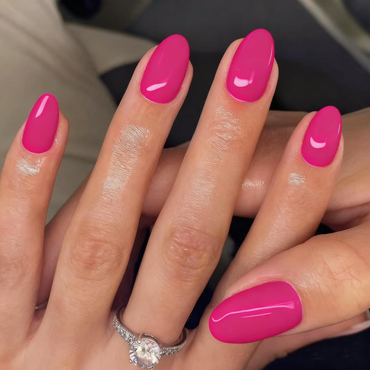 KQueenest Upgrade Hot Pink Press on Nails Short Oval, Thick Fake Nails Press on Short Round, Fushia Acrylic Nails for Women Mani, Natural Fit Glue on Nails with UV Cover in 24 Pcs