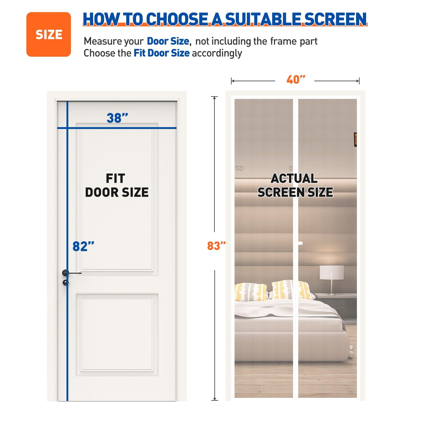 MAGZO Magnetic Screen Door Fit Door Size 38 x 82 Inch, Screen Size 40" x 83" Strong Magnet Mesh with Reinforced Hook & Loop for Patio, Sliding and French Entrances, White