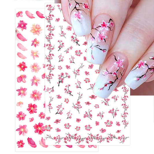 Flowers 3D Nail Decals Art Design - Holographic Peach Plum Blossom Lotus - Self-Adhesive Sticker Decoration for Women Manicure Tips Acrylic DIY Nails Art Supplies