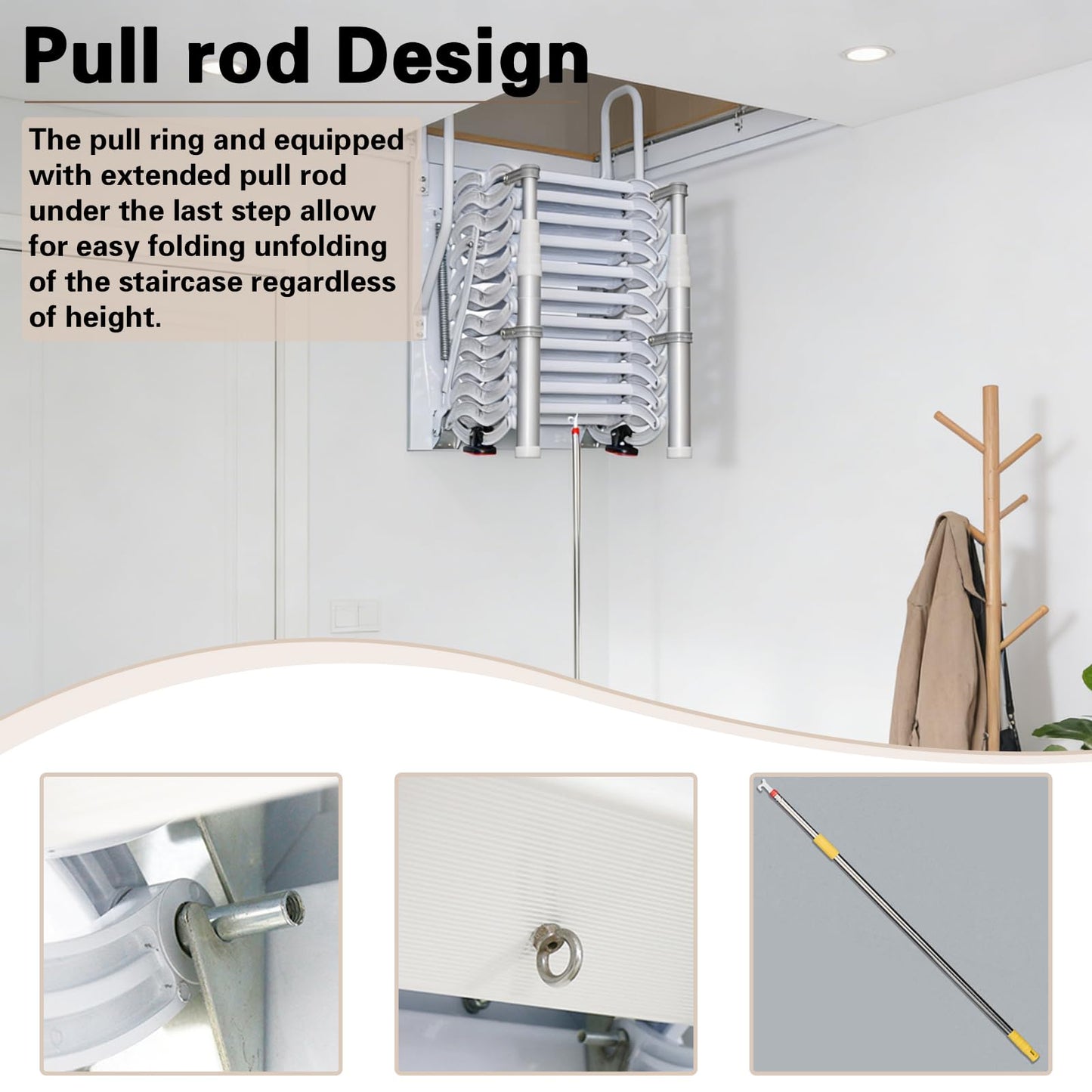 12 Steps Attic Stairs,Wall Mounted Folding Loft Ladder,Retractable Collapsible Stairs,Extension Steps Ladder with Armrests,Telescoping with Pulldown System (White, Step 12)