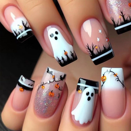 24Pcs Halloween Ghost Press on Nails Short Square Fake Nails with Glitter Pumpkin Designs False Nails Black Forest French Artificial Acrylic Stick on Nails for Women Halloween Medium Decoration