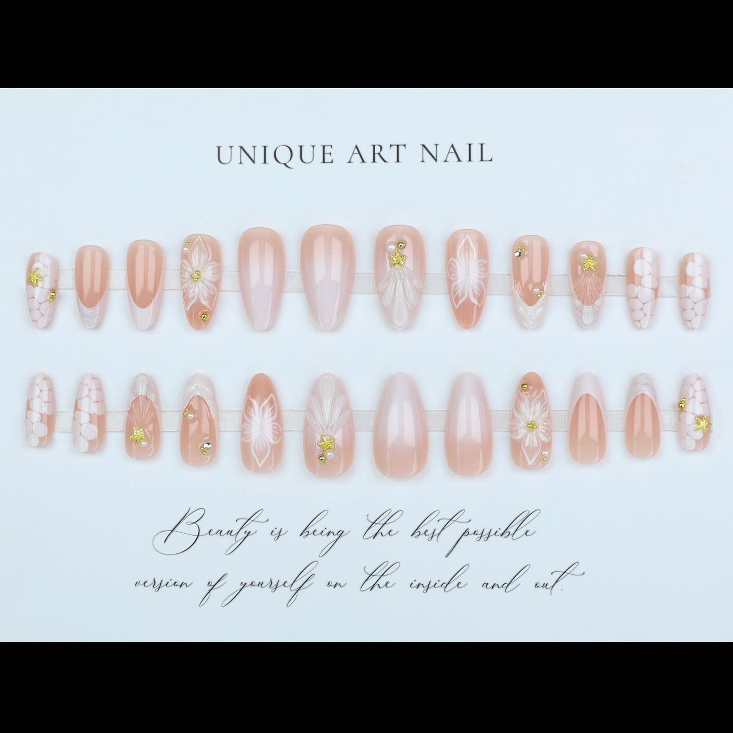 24 Pcs 3D Flower Nail Press ons Medium Almond Fake Nails with Gold Beads Star Desings White French Tip Press on Nails Glossy Nude False Nails Acrylic Full Cover Glue on Nails for Women Spring Manicure
