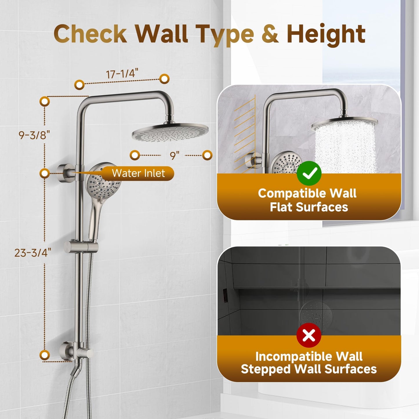 BRIGHT SHOWERS Rain Shower Heads System - 9 Inch Rainfall Shower Head and Handheld Shower Head with Height Adjustable Holder, Solid Brass Rail and 60" Long Stainless Steel Shower Hose, Brushed Nickel