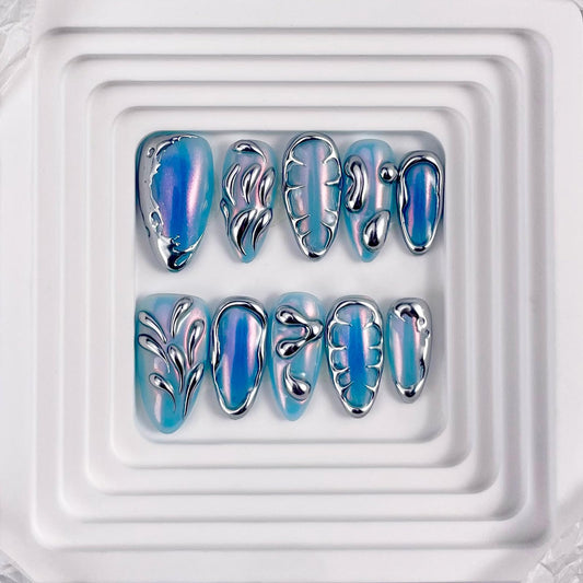 RDNTBEU Press on Nails Blue Ombre Medium Almond 3D Fake Nails Reusable Luxury Handmade False Nails with Design Solid Chrome,Press ons Muti-Layer Gel Acrylic Handmade Nails for Wome Manicure(Size S)