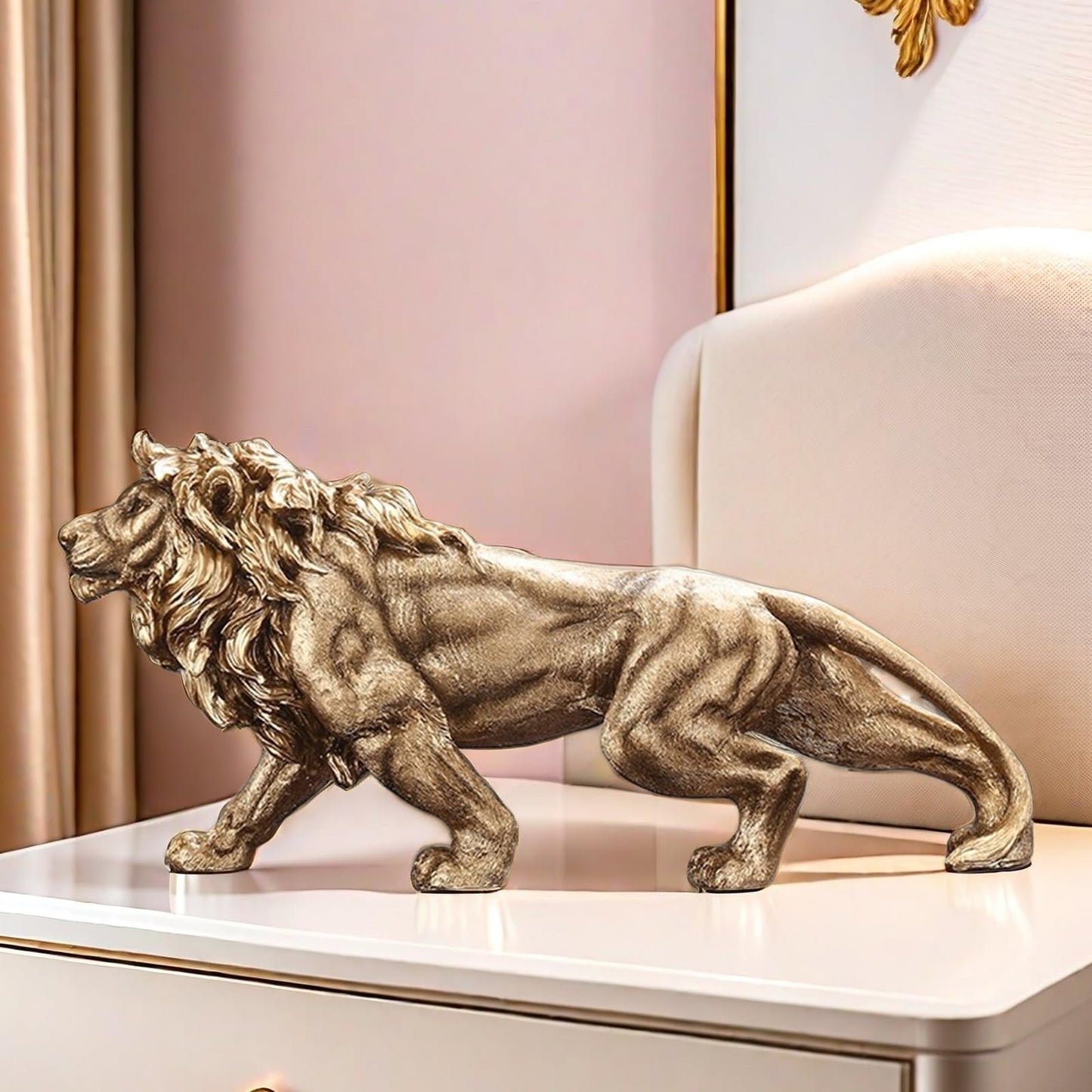 FUNSXBUG 14 Inch Resin Lion Statue Sculpture Figurines Animal Collectible Figurine Gift Idea Home Desktop Decoration Gold