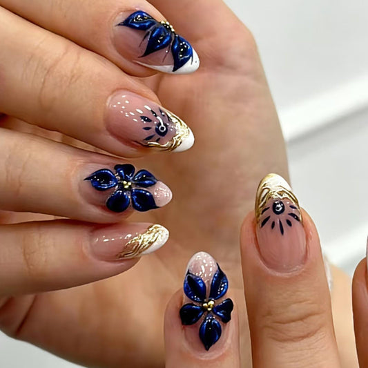 Spring Flowers Press on Nails French Almond Medium Length Fake Nails 3D Blue Camellia Flower with Gold Beads Pattern Design Glue on Nails Spring Summer Full Cover Floral Stick on Nails for Women