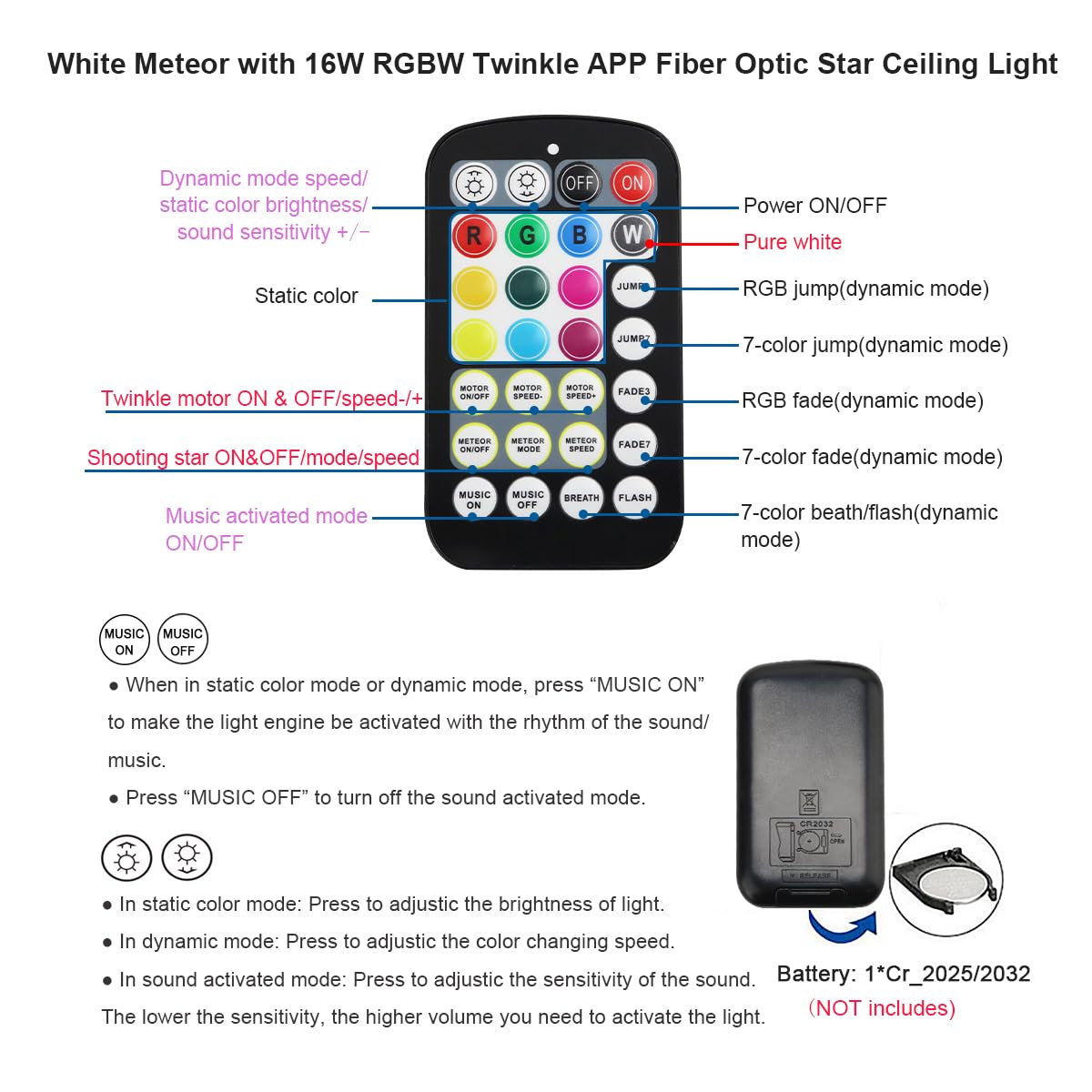 AKEPO 16W RGBW APP Small Size Twinkle Meteor Fiber Optic Lights, Music Activated 650pcs 0.03in 13.1ft/4m Optical Fiber Star Ceiling Light Kit for Car Headliner Star/Home