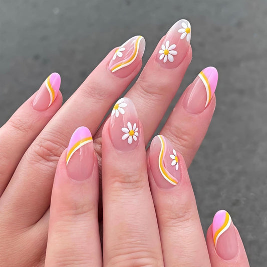 Flower Press on Nails Short Almond Fake Nails with Floral Design Glossy Yellow White Striped Glue on Nails Spring Summer Nail Press ons Reusable Full Cover Pink Acrylic Nail for Women Manicure 24Pcs