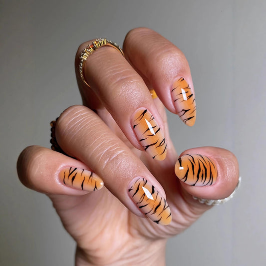 BABALAL Medium Almond Press on Nails - Brown Orange Ombre Tiger Print Acrylic Nails, 24 Pieces Fall Y2K Trendy Glossy Full Cover Glue on Nails for Women and Girls