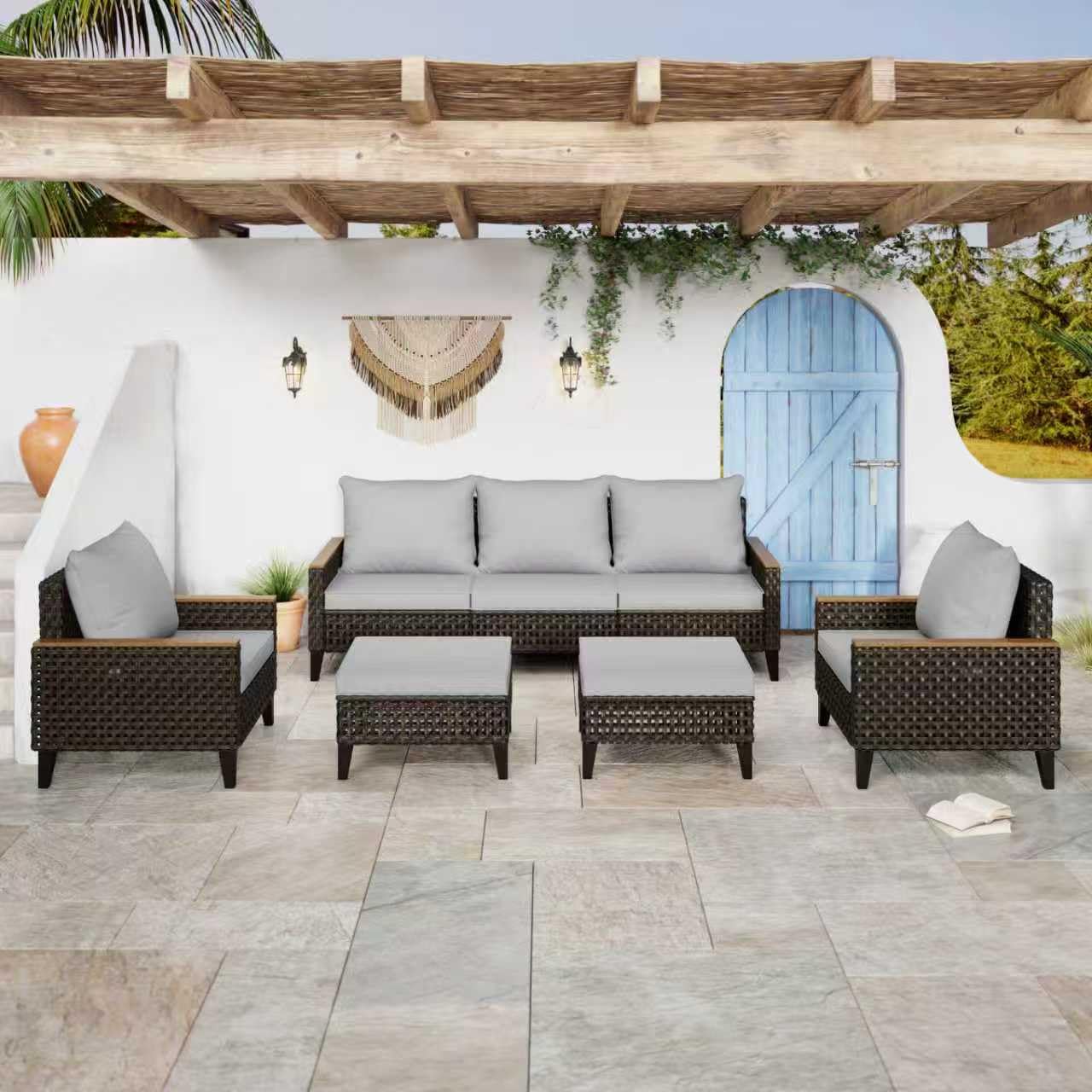 Broivira 7 Piece Patio Furniture Set, All-Weather Wicker Rattan Outdoor Sectional Sofa Set with High Backrest and Thick Cushions for Garden, Porch, Poolside, Grey