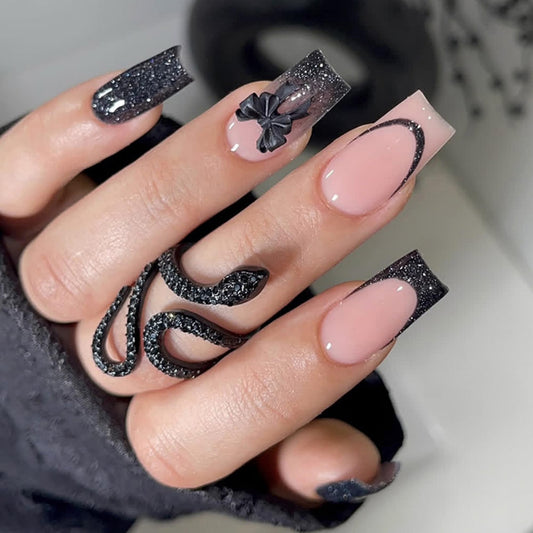Octoswave Square Press on Nails Medium Fake Nails Black French Artificial Nail Glitter and Bow Stick on Nail for Women 24pcs