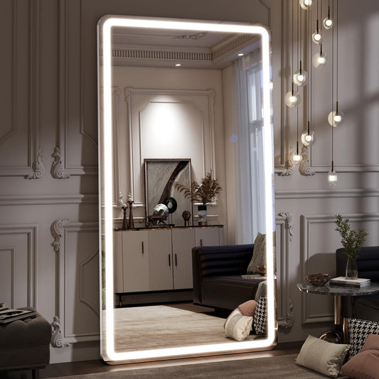 VooBang 76"x34" Large LED Full Length Mirror, Oversized Floor Body Mirror with Lights - 3 Color Modes, Standing Leaning Wall Mounted for Bedroom, Dressing Room White