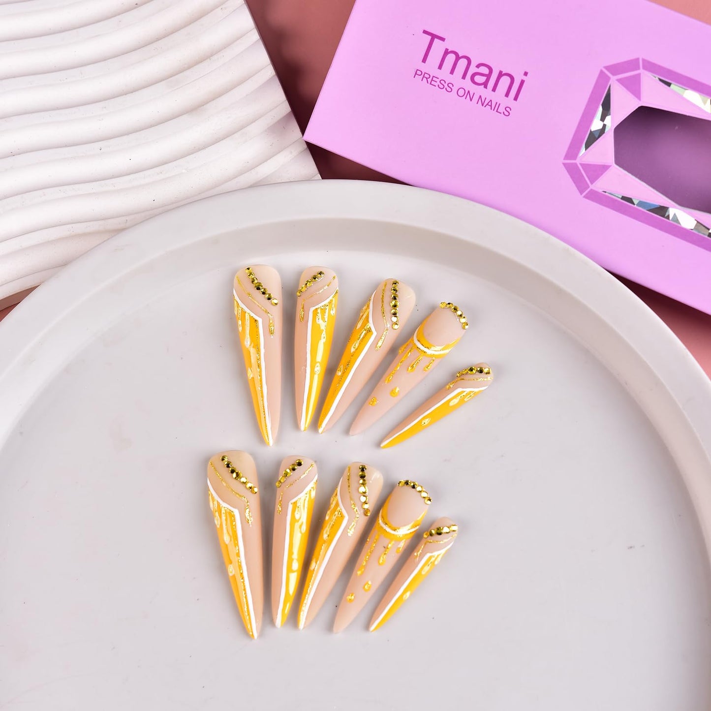Tmani 10pc/set Extra Long Handmade Press On Nail Hot Girl's Long Ballet Nails Pointed Nail Full of Diamond Glitter Decoration Fake Nails Suitable For Girls Festival Parties and Birthday Gift (296,M)