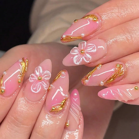 RUOKEXIN Long Press on Nails Almond Fake Nails Pink Ombre False Nails with 3D Flower Designs Spring Summer Nail Press ons Sparkly Artificial Nails for Women 24Pcs