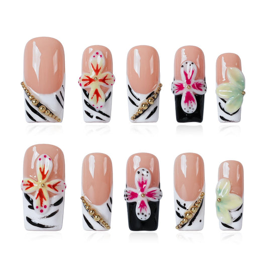 Tesytto Press on Nails Medium Square Handmade Tropical 3D Flower French Tip Fake Nails with Gold Beads, Glossy 3D Floral Nail Art for Summer Vacation (Golden Zebra Whimsy Floral,S)