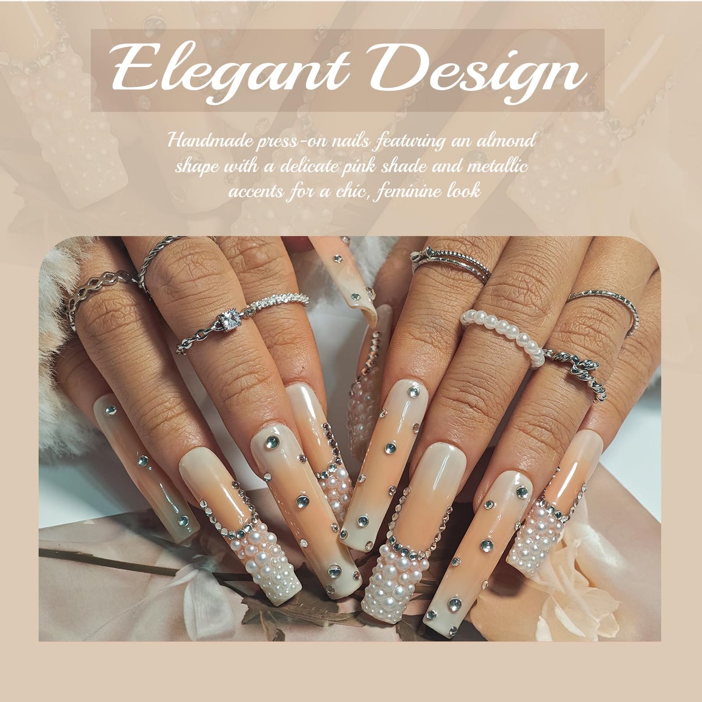 Handmade Square Press On Nails, French Tip Long, Rhinestone Pearl Ombre Nude for Women Gift, Reusable Stick On Fake Kit With Glue (NudePearl, S)