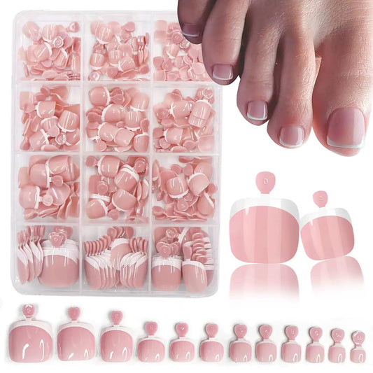 240Pcs White French Tip Press On Toenails Short Square Fake Toenails Set Nude Acrylic Glue on Nails Reusable Glossy Artificial Nail Kit False Nails for Women Girls Manicure