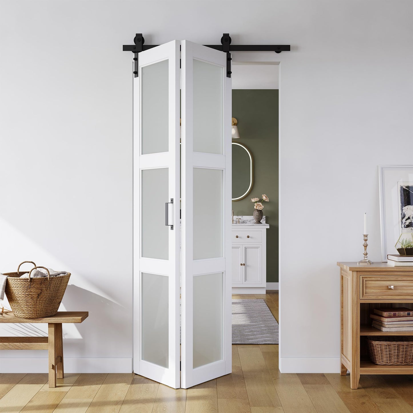 SMARTSTANDARD 36in x 84in Bifold Barn Door, Frosted Glass Barn Door with Hardware Kit Included, Pre-Drilled Holes Easy Assembly -Solid Barn Doors Slab Covered with Water-Proof PVC Surface, White