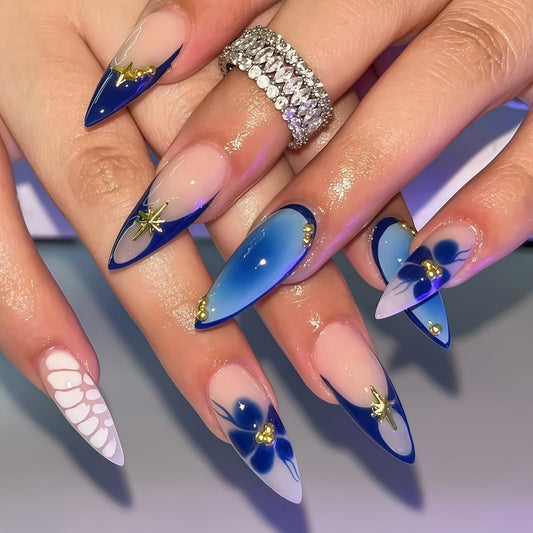 Blue Press on Nails - Medium Stiletto Fake Nails with Flower&Marble Designs False Nails French Tip Glue on Nails Reusable Full Cover Stick on Nails for Women Manicure 24Pcs