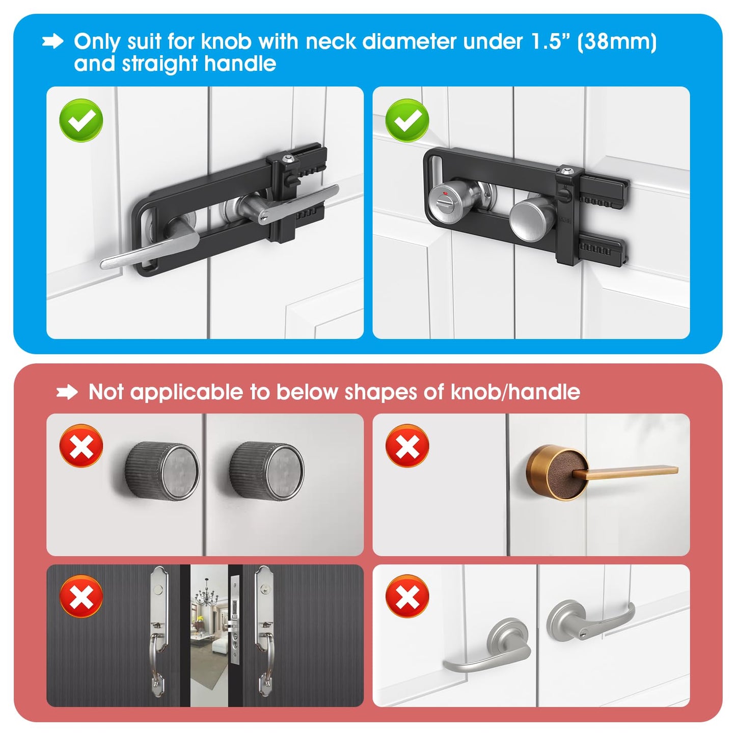 AST Double Door Security Lock, Keyed French Door Lockout Device, Reinforcement Lock for Knobs and Handle, Prevent Kick Ins, Childproof, Kids Proof Barricade (Matte Black with Snib and Cylinder)