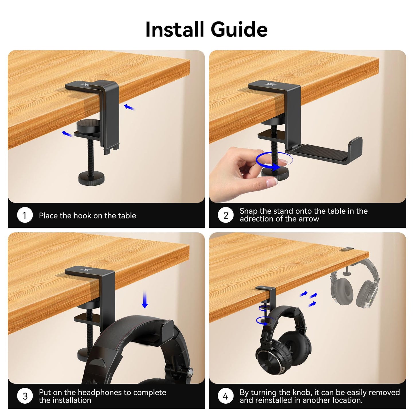 OneOdio MTL99 Foldable Headphone Stand, Metal Headset Holder Space-Saving Table Hook, Clamp-on Under Desk Hanger, Universal Fit Gaming Headphones Mount, Black