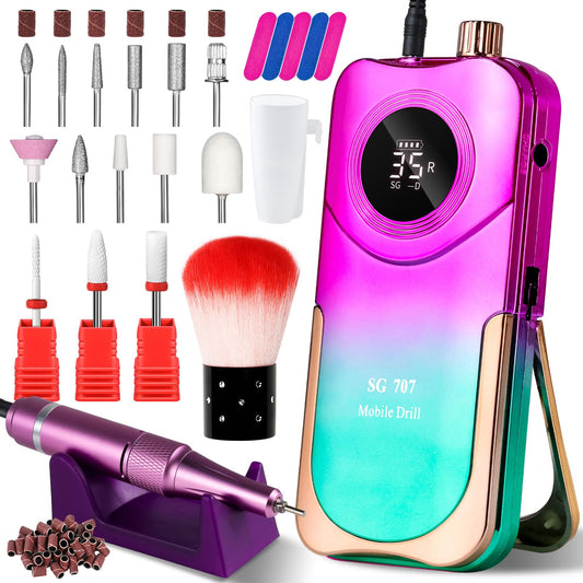 Moskany Professional Electric Nail Drill Kit 35000RPM with 14PCS Bits Purple Green Portable Rechargeable Cordless File Machine for Acrylic Gel Powder Nails and Manicure Pedicure Toenail Tool Salon Set