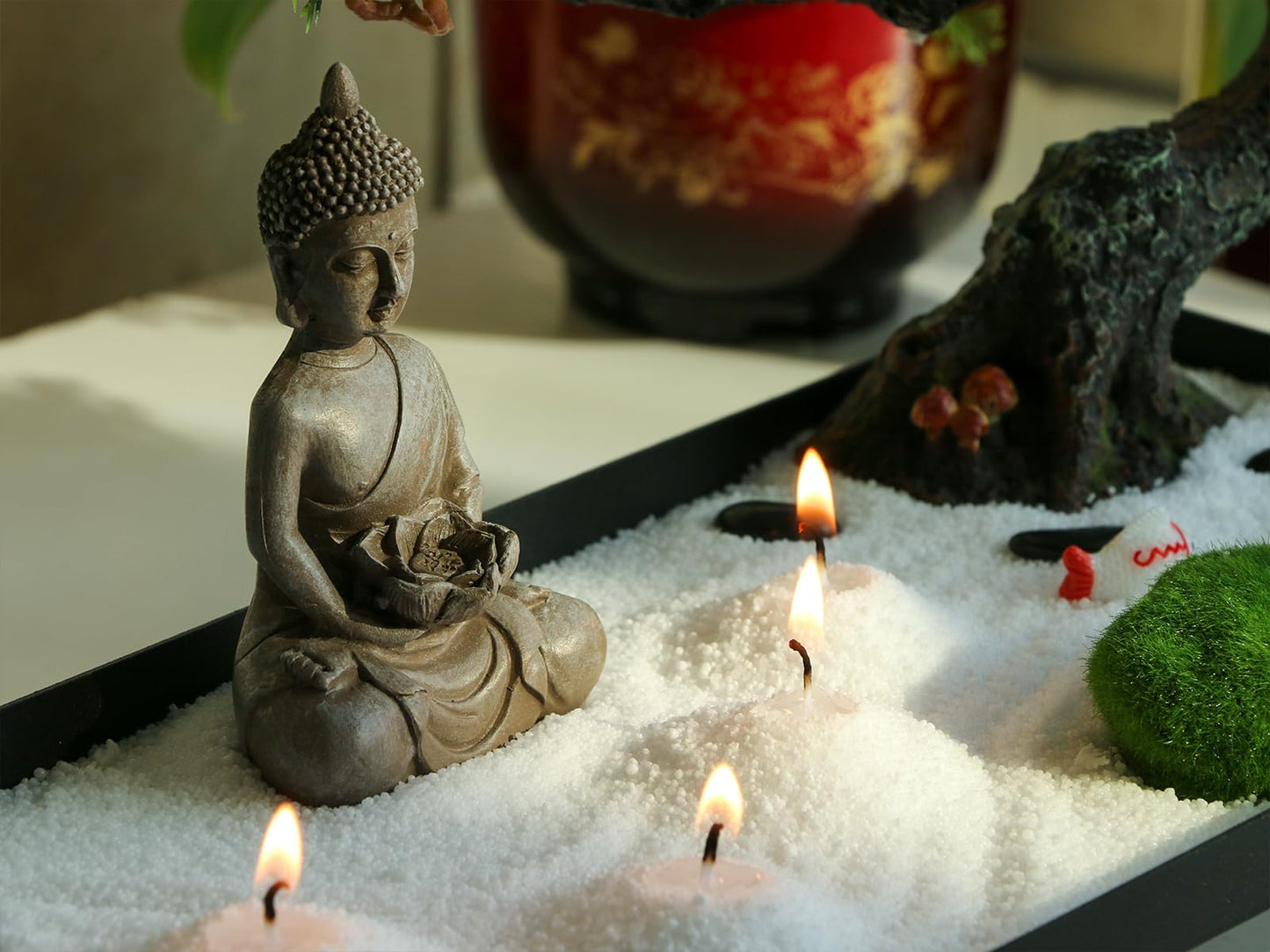 Zen Garden Kit for Desk - Pine Zen Dual Sand Garden(with 50pcs Wicks) Japanese Decor Zen Gift Set for Home, Office Desktop 11x8in Sand Tray Therapy Kit Zen Meditation Accessories