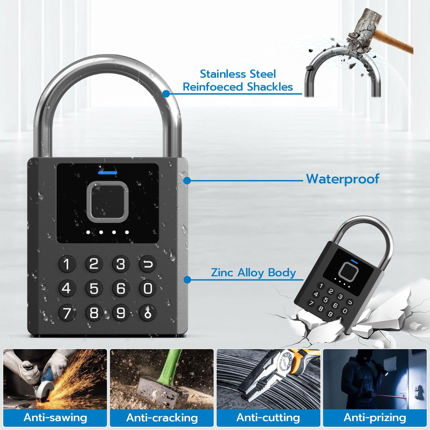 Foxlock Heavy Duty Smart Padlock with Key, Fingerprint Biometric Combo Lock with Bluetooth APP, Waterproof Electronic Digital Lock for Gate Outdoor Fence Storage Unit Outdoor Fence Shed Gym