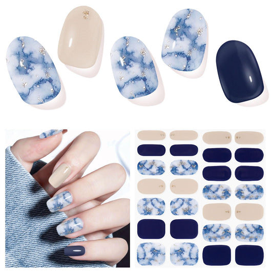 DUKASOU Semi Cured Gel Nail Strips,28 Pcs Gel Nail Stickers Wraps(Ocean Blue),Long Lasting Stickers Works with Any UV Light, Easy to Apply