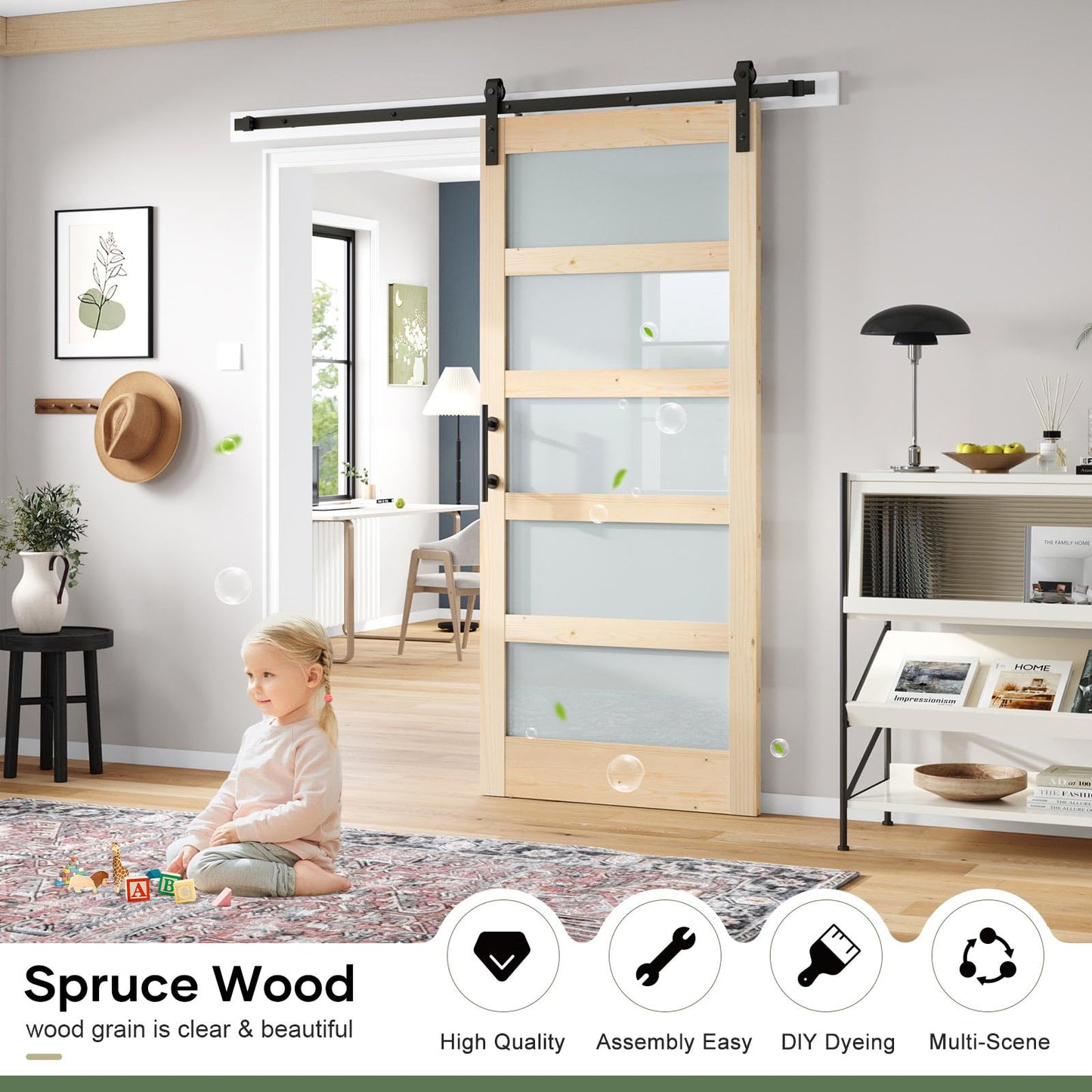 ROYMELO 38x84 inch Glass Sliding Barn Door Slab with 6.6ft Hardware Kit Included, 5-Panel Frosted Glass, Spruce Wood Support DIY Dyeing, Easy Assembly