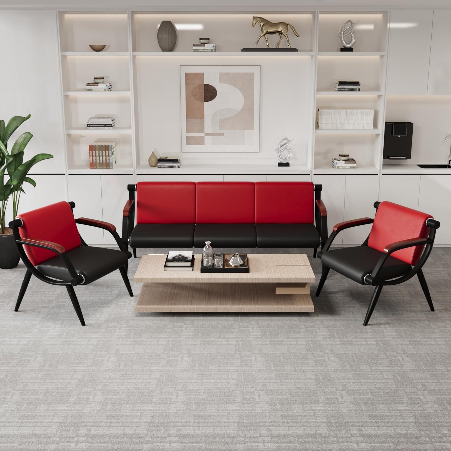 wonline Waiting Room Bench, Office Furniture Reception Chairs with Arms, Leather Chairs is Suitable for Clinic,Airport,Hospital,Barber,Salon,Bank-(Red&Black,3 Seat)