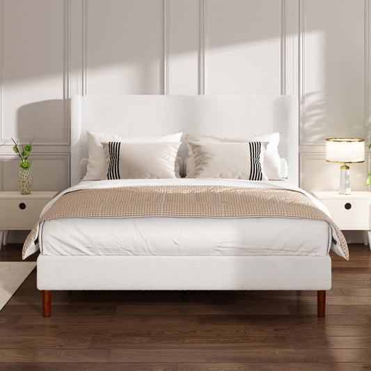 Mxhtcewz Queen Boucle Bed Frame, Platform Bed with Upholstered Wingback Headboard, Strong Wooden Slats Support, Noise-Free, Easy Assembly, No Box Spring Needed, White