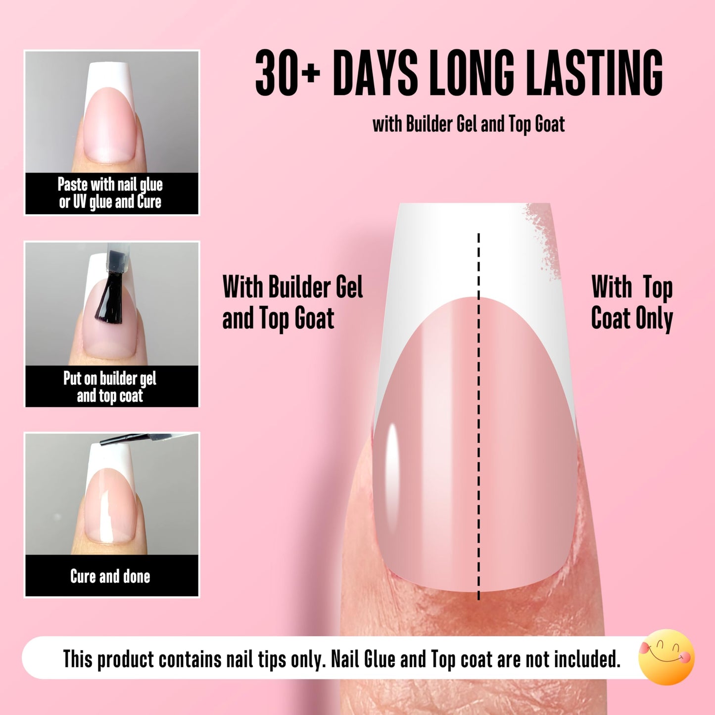 NOVO OVO White French Tip Medium Coffin Nail Tips Press on, BABY PINK, Extra Thick Soft Gel Fake Nail Acrylic Extension, Need Builder Gel Top Coat, No Glue Included, for Salon DIY 15 Sizes x 240 pcs