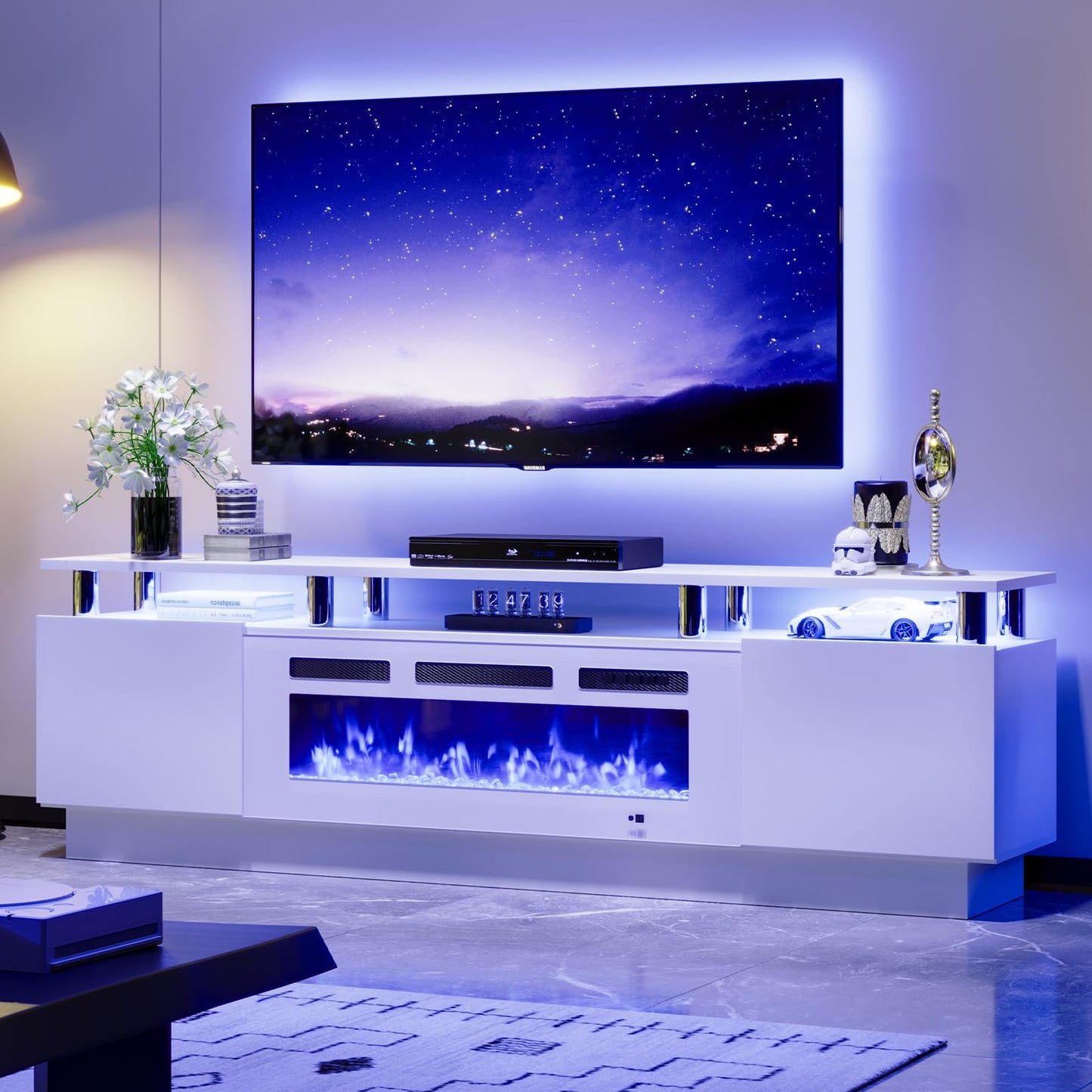 OneBlis 70" TV Stand for Living Room, Entertainment Center & Media Console with Storage, Fits TVs up to 80", Modern TV Cabinet with Shelves, 36" Electric Fireplace (All White)