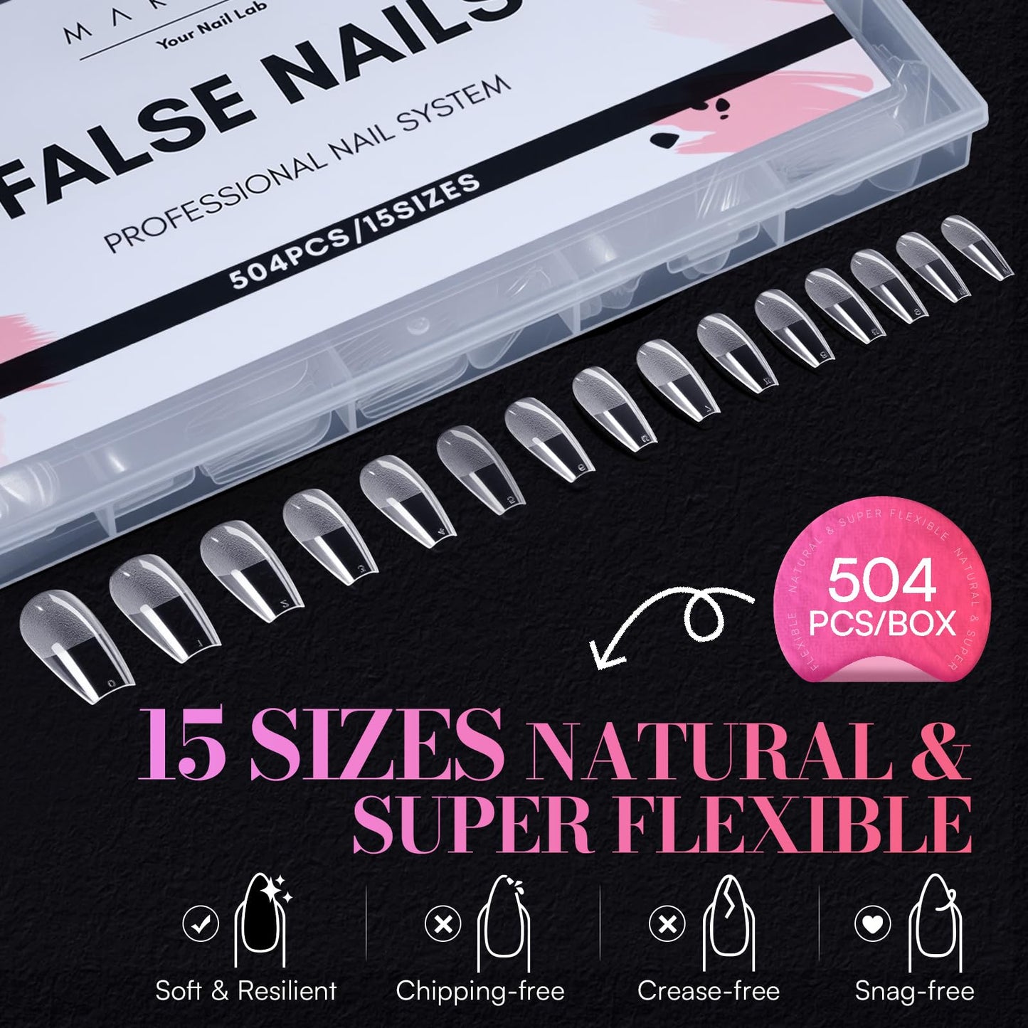 Makartt Medium Coffin Nail Tips: 504 PCS Pre-Etched Clear False Nails Tips, 15 Sizes Full Cover Half Matte Soft Acrylic Press On Nail Extensions Supplies Salon and DIY at Home