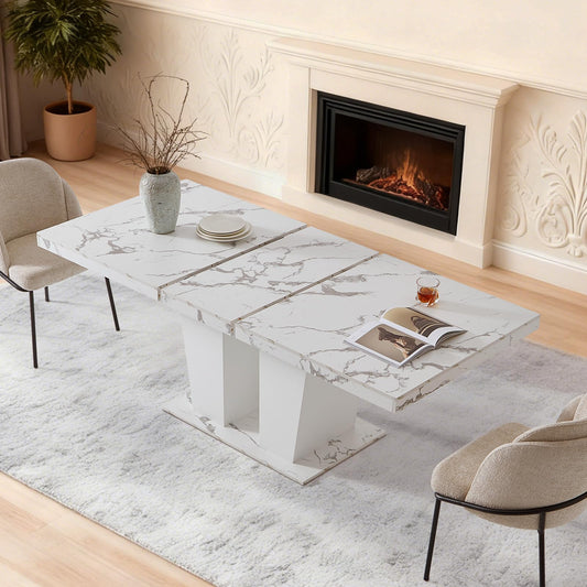 Senfarime Dining Table Extendable 63 in-79 in for 4-8 Expandable Wood Rectangle with Fluted Base for Dining Room Kitchen Living Room Furniture Marble White