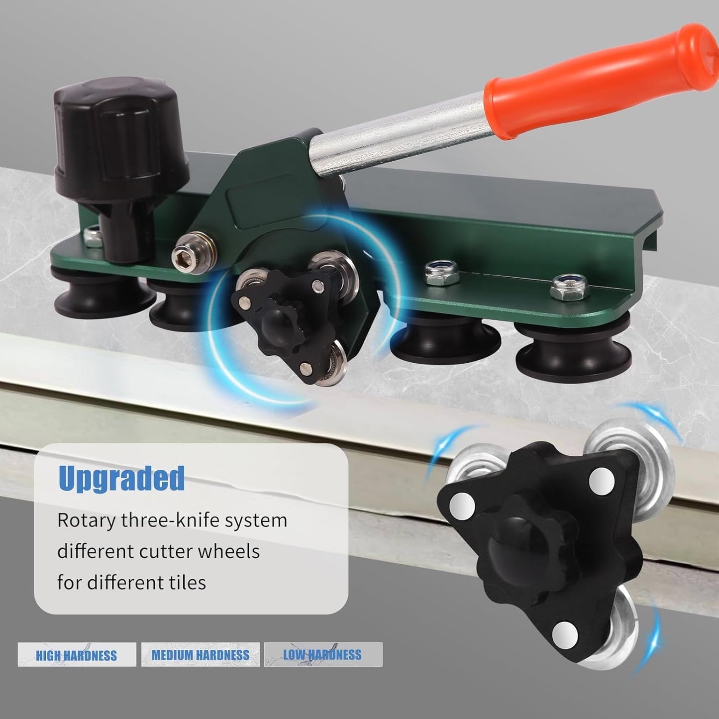 Manual Tile Cutter, Large Format Ceramic Tile Cutting Tool with Built-in Suction Cups & Tile Clamp, 3-Head Scoring Wheel System, for Up to 0.47-Inch Thick Tiles