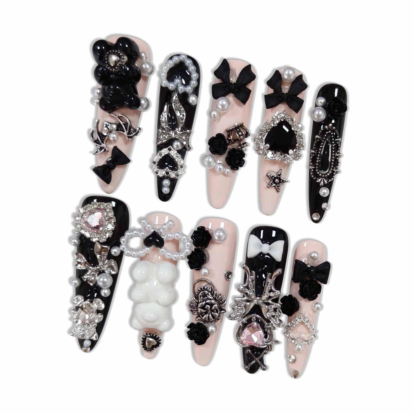 Hantyer Gothic Press on Nails with little Bear & Silver Charms, Long Stiletto Glossy Dark Cute Fake Nails, Reusable Black Kawaii False Nails for Women Horror Party Halloween Special Occasion (Size S)