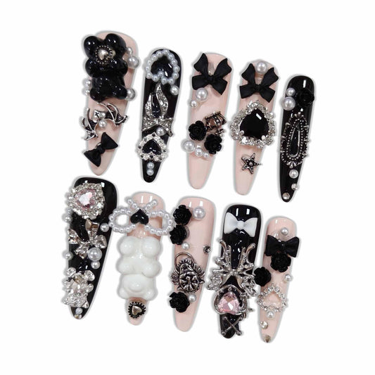 Hantyer Gothic Press on Nails with little Bear & Silver Charms, Long Stiletto Glossy Dark Cute Fake Nails, Reusable Black Kawaii False Nails for Women Horror Party Halloween Special Occasion (Size S)