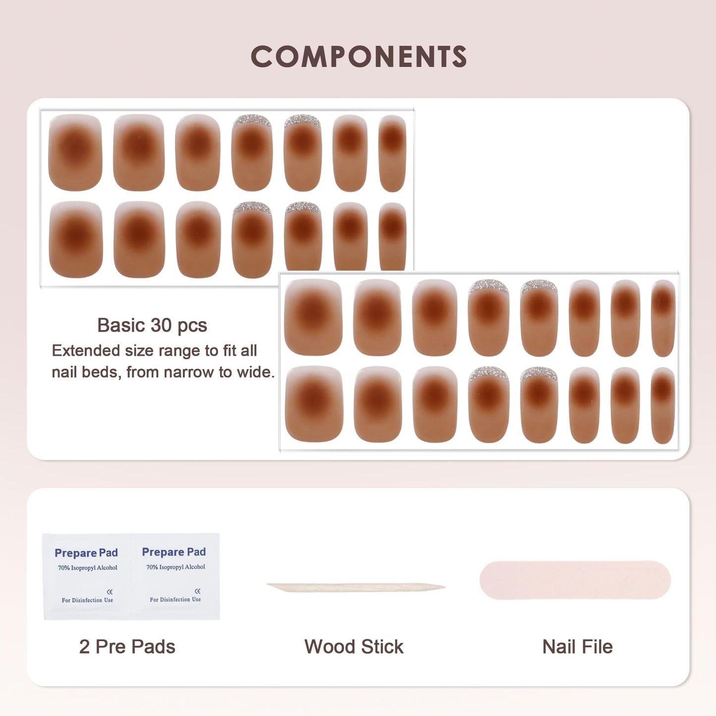 KHARITA Semi Cured Gel Nail Strips – Real Gel Nail Polish UV Wraps for Brittle Nails | Waterproof Long Lasting Easy Peel-Off Removal | Hema-Free | Ombre Brown Salon Sticker Kit with File & Stick