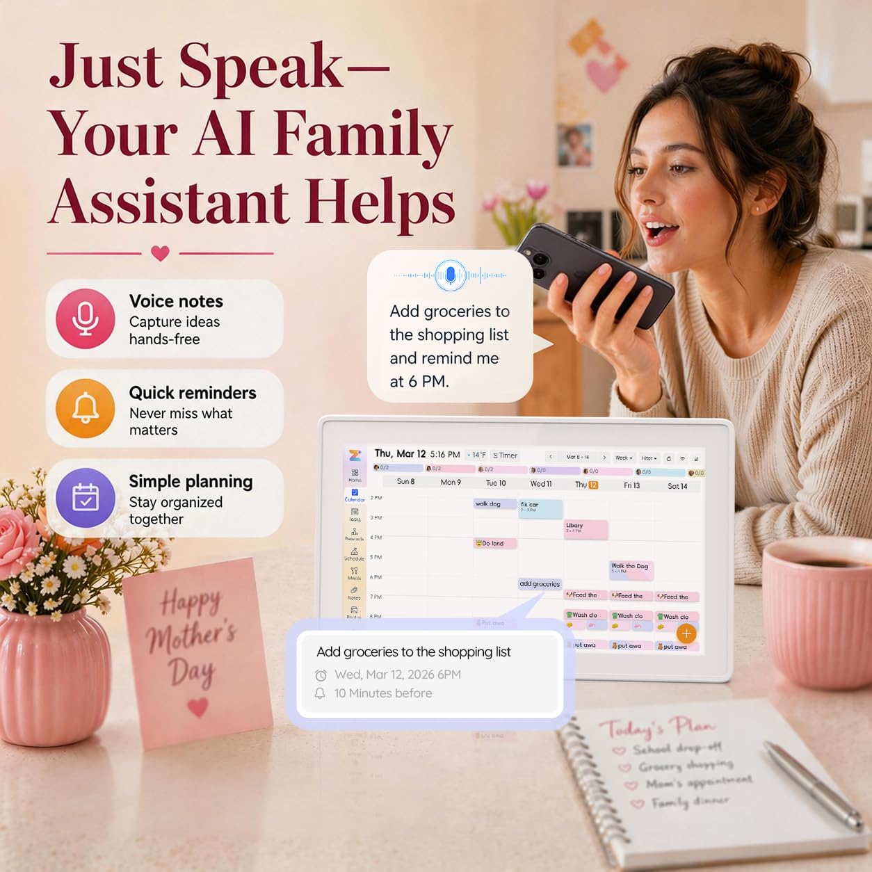 OWNCOZY 15.6 Inch Wall Planner Digital Calendar & Chore Chart, Smart Touchscreen Interactive Family Schedule Display with Electronic Photo Album, Wall-Mounted Smart Home Organizer for Daily Tasks, Appointments & Photo Slideshow, White