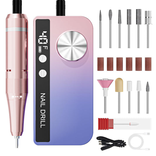 Professional Electric Nail Drill 40000RPM for Salon Home Use, Rechargeable Nail File Machine Kit with 12PCS Bits for Acrylic Gel Nails, Portable Efile Manicure Pedicure Tool (Pink Blue)