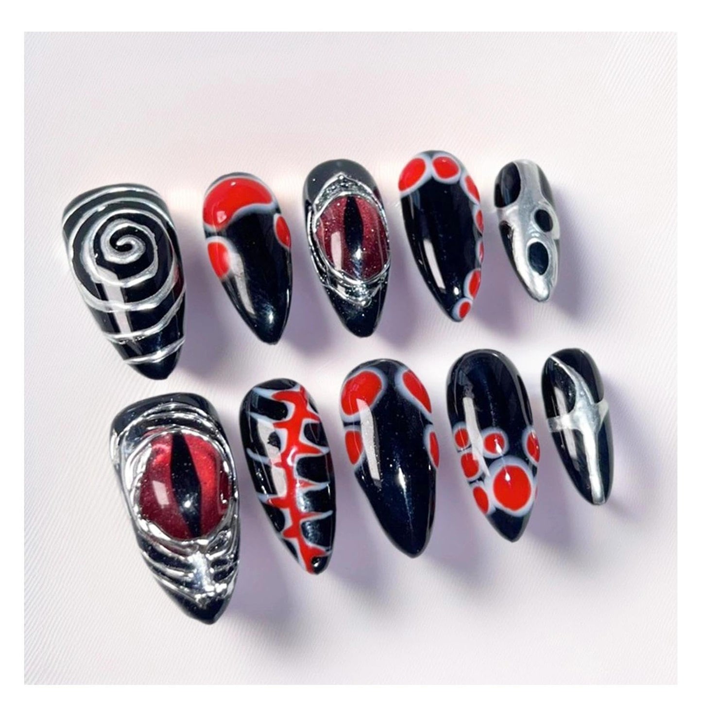 Handmade 3D Dark Anime Red Black Stiletto Press On Nails, Spiral Metallic Stream Artisan Nails Set, Reusable Glossy Press-ons with Tool Kit (S)