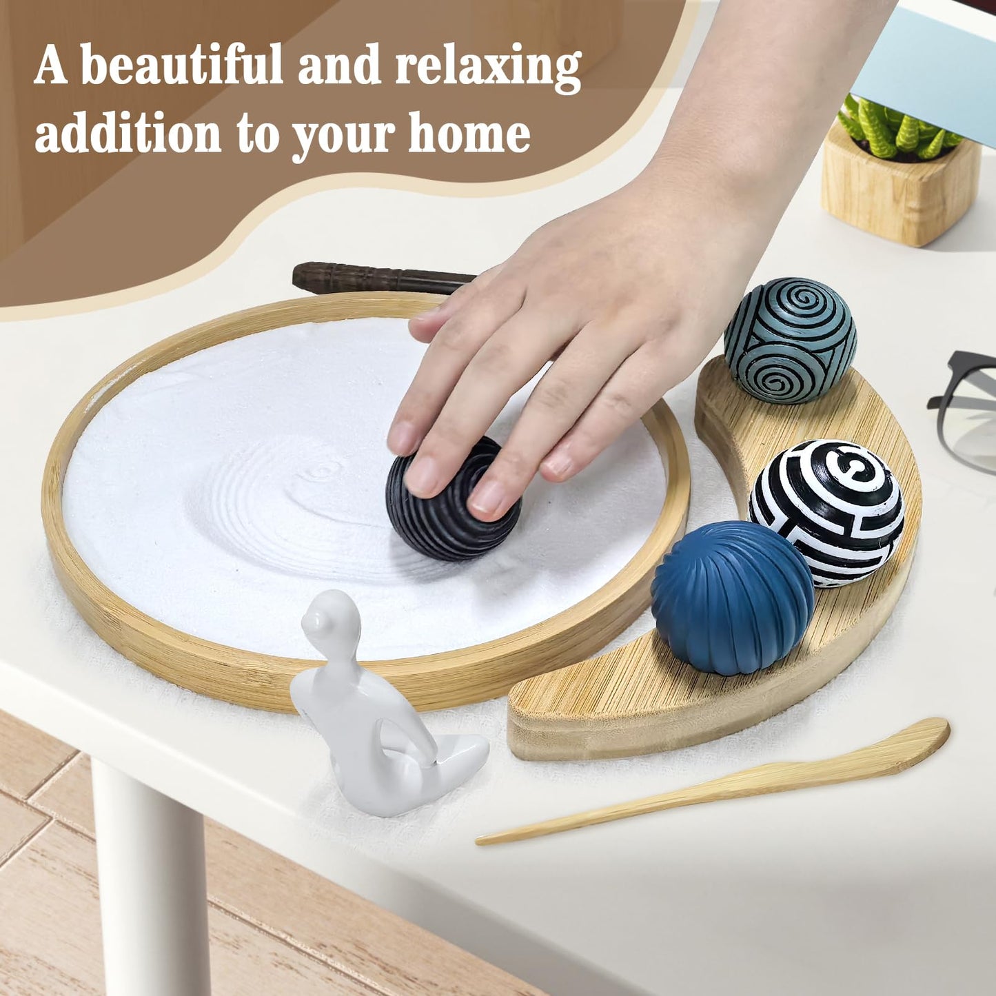Zen Garden Kit for Desk - Premium Beautiful Japanese Mini Zen Sand Garden Box Gift Set for Home Decor, Office Desk with Large Round Bamboo Tray, White Sands, 4 Sand Spheres & Spheres Holder