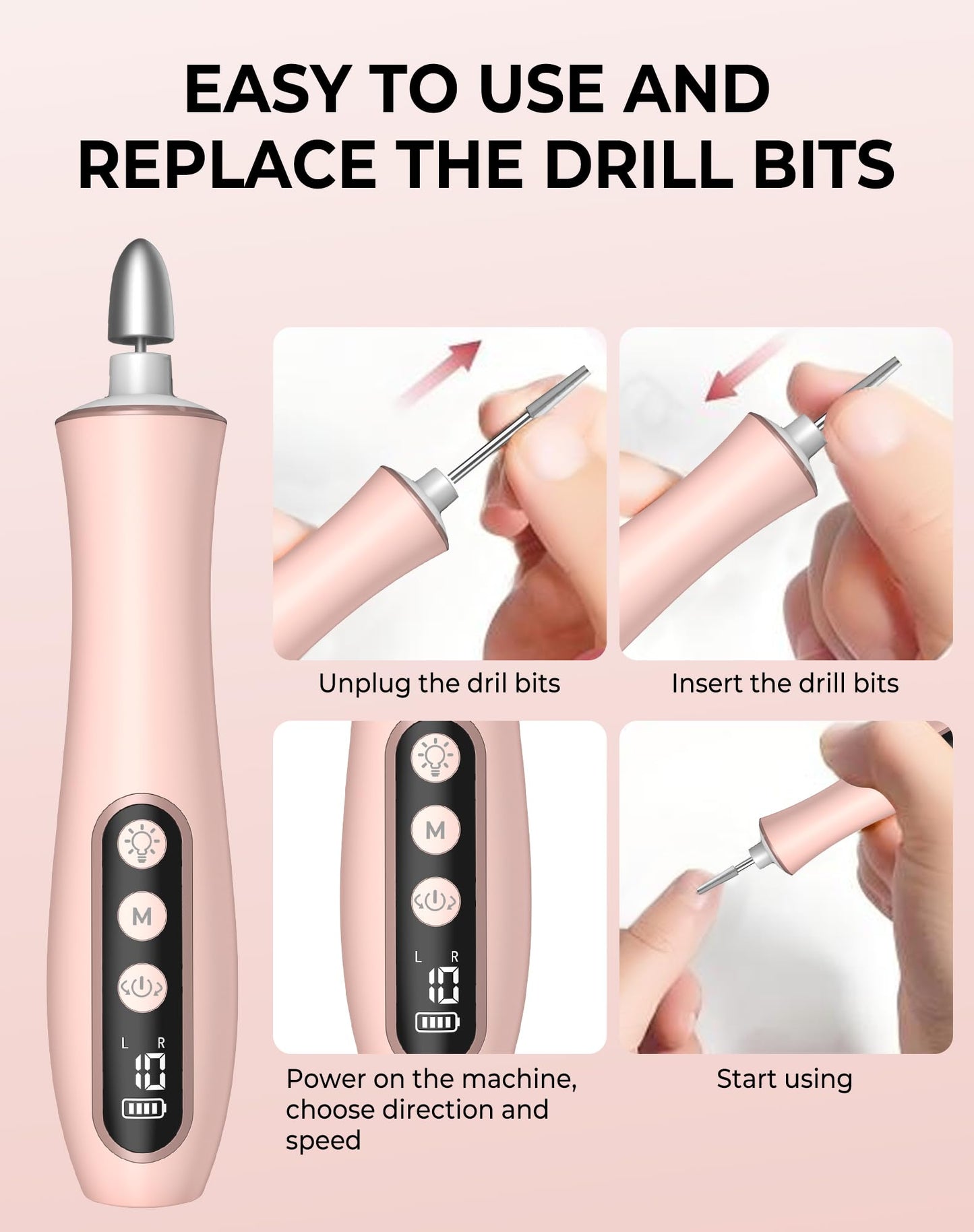 Cordless Nail Drill Electric Nail File, 10-in-1 Manicure Pedicure Kit Nail Grinder Set, 14000 RPM Rechargeable Acrylic Nail Tool, 10 Speeds LED Light LCD Display for Human, Toenails, Home(Pink)