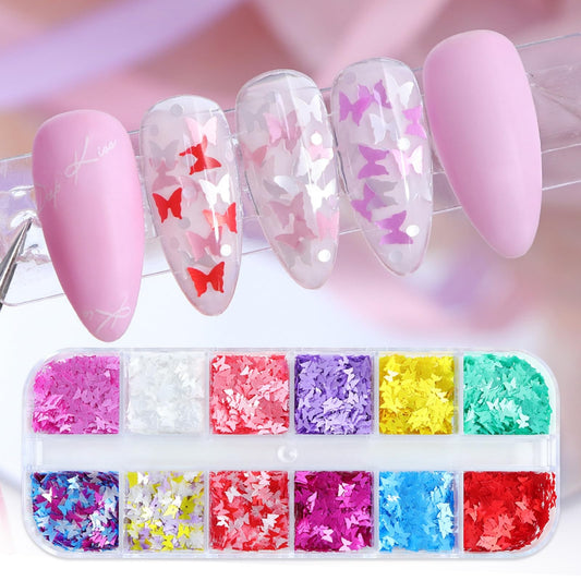 12 Colors Butterfly Nail Glitters Sequins 3D Holographic Laser Spring Nail Flakes for Women Manicure Art DIY Decorations Charms Supplies