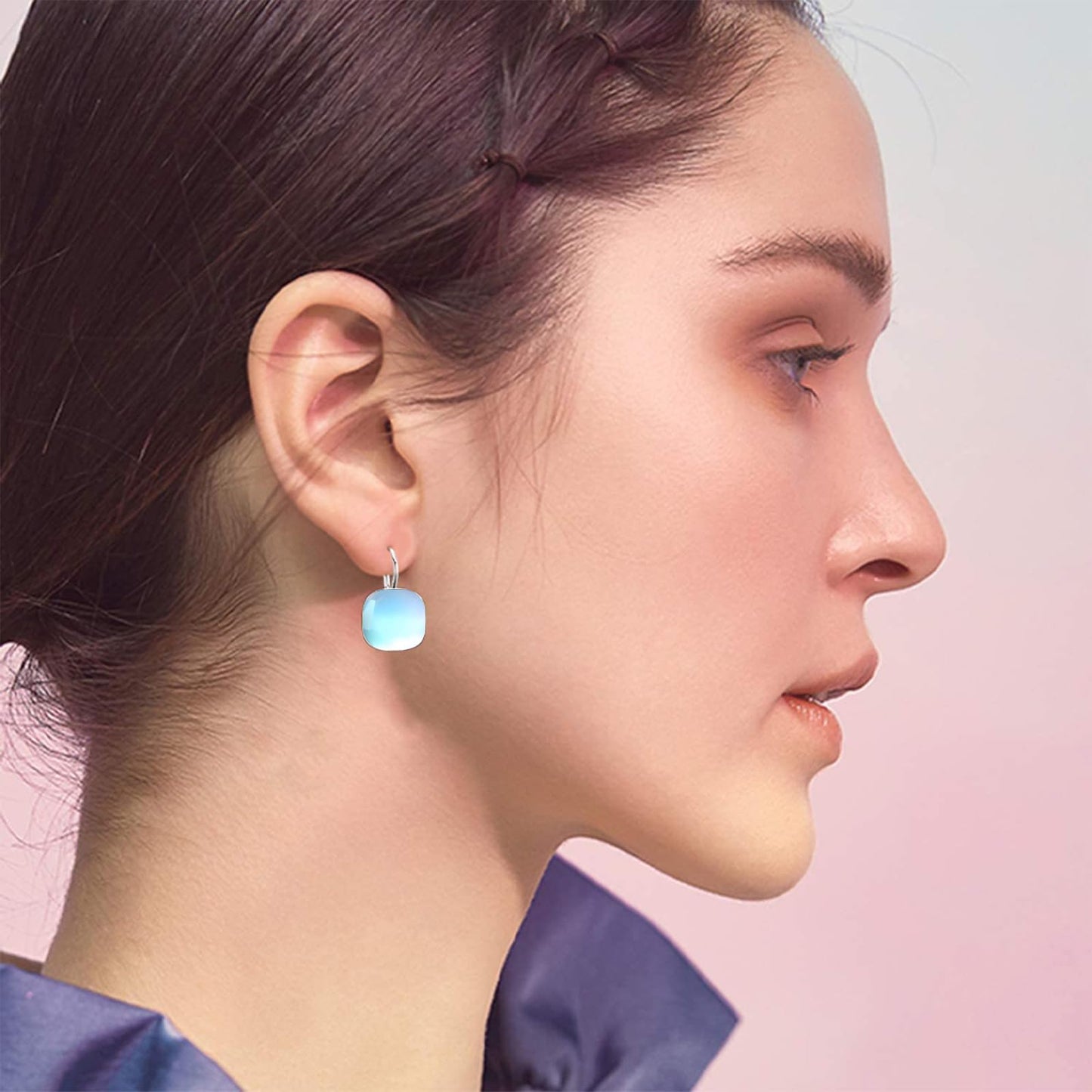 AOBOCO Sterling Silver Leverback Earrings Embellished with Crystals from Austria, Hypoallergenic Cushion Cut Square Crystal Earrings, Fine Anniversary Birthday Jewelry Gifts for Women (Moonstone Color)