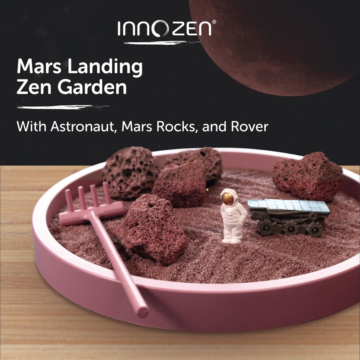 InnoZen Mars Landing Zen Garden Japanese Decor- Zen Sand Garden for Desk- Drift sandscape- Sand Tray Therapy kit- Zen Garden for Desk - Zen Decor - Desktop Zen Garden Tray